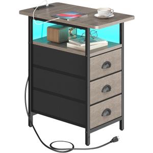 Sthmec End Table with Charging Station,LED Side Tables with USB Ports and Outlets,Narrow Nightstands Bedside Tables with 3 Drawers for Small Space,Slim Sofa Table for Livingroom,Grey