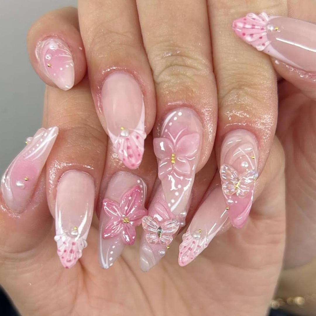 9 x 24 Pcs Handmade Press on Nails Short Almond Nail Tips,YEFIUO French Acrylic Fake Nails Press ons 3D Flower Butterfly Nail Charms Design Glue on Nails Full Cover Reusable False Nails Art Kit for Ma'am, Mix