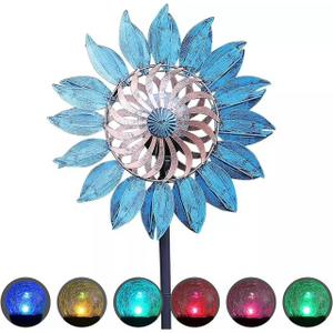 Solar Powered Dual-Sided Rotating Wind Spinner, Blue Leaf Windmill Garden Decor, Outdoor Yard Art Sculpture, Metal Iron Kinetic Spinner for Patio Lawn Landscape