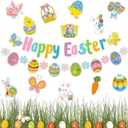 Easter Party Decorations, Easter Decorations Set Happy Easter Banner Easter Window Clings Hanging Easter Egg Banner Decorations for Indoor Outdoor Garden Office Home Classroom Spring Party