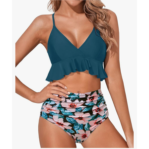 Tempt Me Women Two Piece Swimsuits High Waisted Bikini Set Ruffle Flounce Tummy Control Bottoms Bathing Suit, L