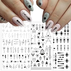 10 Sheets Black White Geometric Nail Art Stickers Decals 3D Self-Adhesive DIY Geometry Triangular Rhombus Minimalist Design Acrylic Nails Supplies Manicure Decorations Tip for Women Men