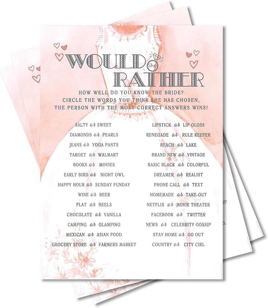 Bridal Shower Games, Wedding Games For Showers, Would She Rather, Engagement Bachelorette Party Game, Bridal Shower Decorations, 30 Cards Per Set (Suit010)