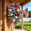 2 Pack 21'' Patriotic Swag Wreaths for Cabinets Artificial 4th of July Teardrop Wreath with Red White Blue Tulips Floral and Berries for Independence Day Memorial Day Front Door Porch Window Wall