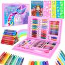 homicozy Art Supplies, Mermaid Drawing & Coloring Set with Crayons, Colored Pencils, Markers, Sketchbook, Watercolor Cakes, Stencils, Arts and Crafts Painting Kit for Kids Ages 4-10, Girls Boys Gift