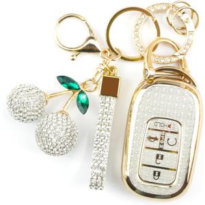Sparkly Key Fob Cover with Cherry Keychain, Bling TPU Smart Key Case for Women, Compatible with Honda Accord Civic 2022 2023 2024 2025 Honda HR-V CR-V 2023 2024 2025 (5-Button, Gold White)
