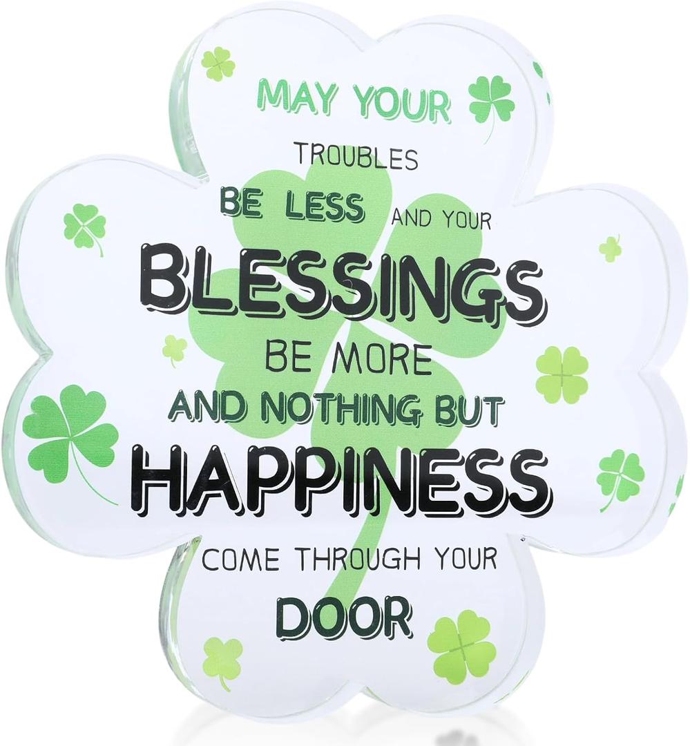 2 Pack St Patricks Day Gifts Acrylic St Patricks Day Decor for Table Office Desk Shelf Mantle Good Luck Four-leaf Clover Gifts for Home Office Desk Decorations