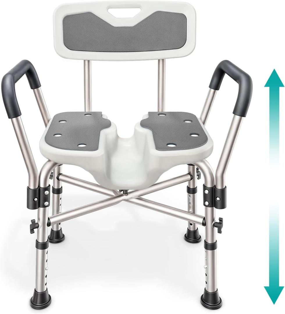 Shower Chair U-Shape Seat (450lb) Heavy Duty - Padded Armrests and Back, Shower Chairs for Elderly and Disabled, Handicap, Shower Chair for Inside Shower, Adjustable Height - Grey