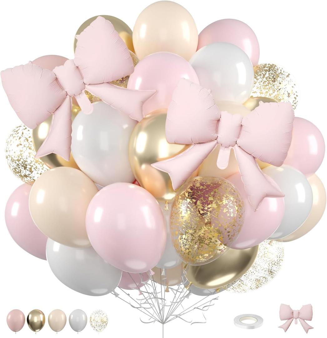 Pink Gold Balloons, 12 Inch Pastel Pink Metallic Gold Balloon with Bow Foil Balloons Beige White Gold Confetti Latex Balloon for Women Girls Baby Shower Bridal Boho Birthday Wedding Party Decoration
