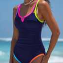 popvil One Piece Swimsuits Women 2026 Tummy Control - Modest Bathing Suit Shapewear Swimwear Retro Neon Swim Suit (Blue, L)