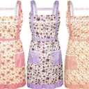 Syhood 3 Pieces Women Floral Aprons with Pockets Flower Kitchen Cooking Aprons with Adjustable Strap Waterproof Resistant Apron for Kitchen Cooking Baking Gardening Household Cleaning Supplies