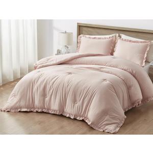 Chezmoi Collection Nora 3-Piece Ruffled Edge Trim Soft Washed Microfiber Comforter Set (King, Blush)