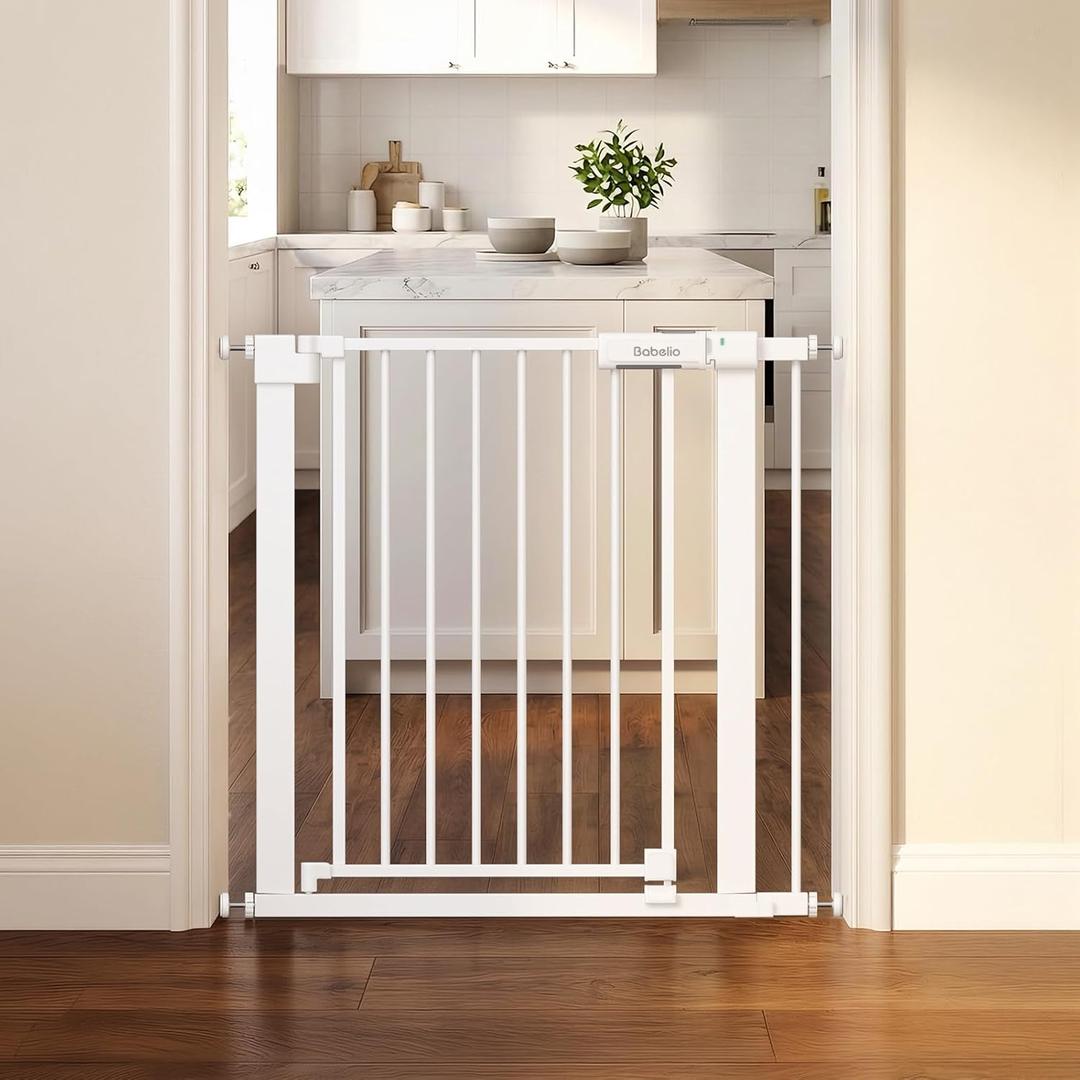 Babelio 26-31 in Baby Gate for Stairs, PressGuard Pet Gate with Wide Door Pressure/Wall Mount, Dual Lock with Indicator, Auto Close, Heavy Duty, Easy Install for Doorways, Kitchens, Hallway, White
