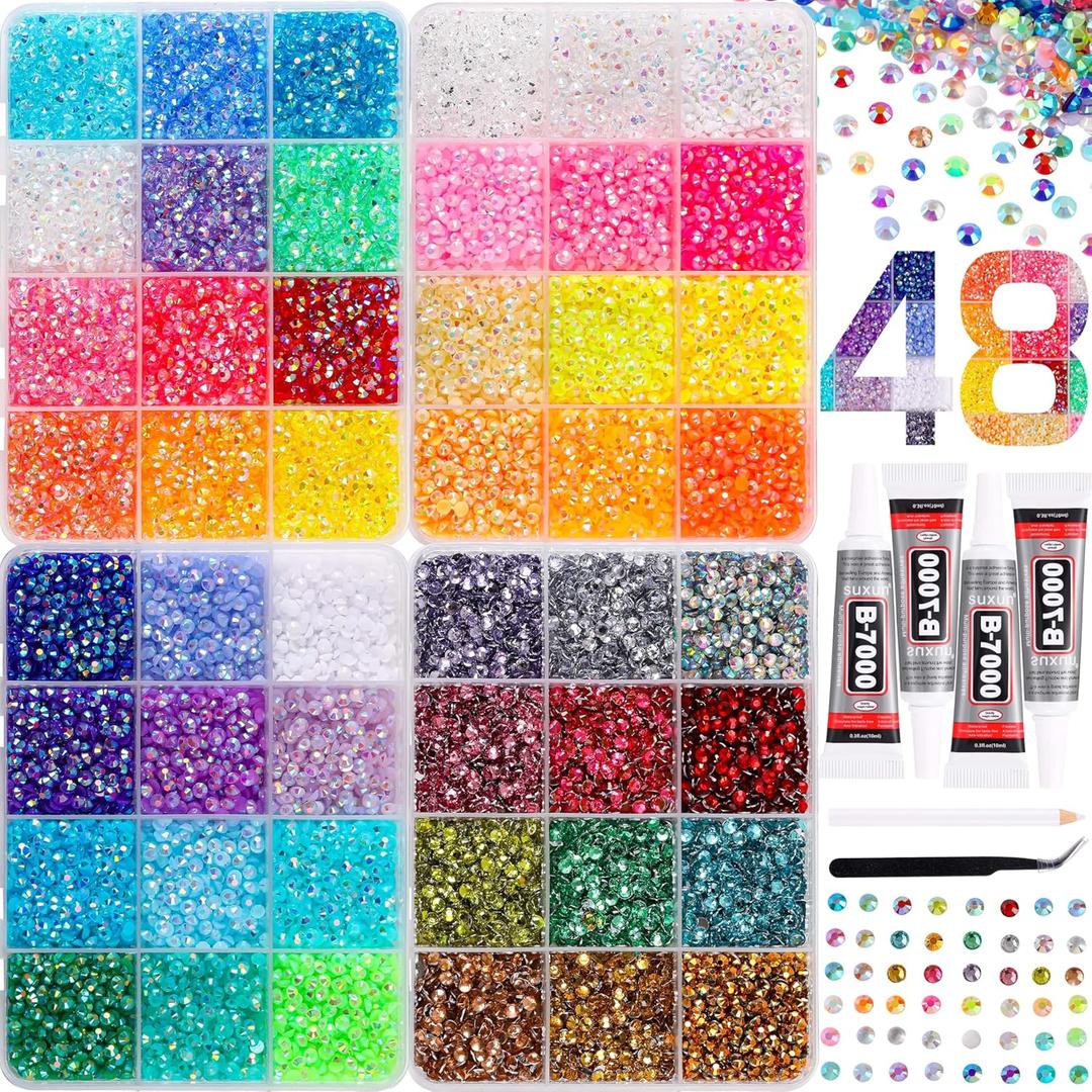 Bedazzling Kit with 30000pcs 48 Colors Rhinestones, 410ml B7000 Glue, Tweezers & Pickup Pen  3mm Flatback Sparkling Gems for Nail Art, Crafts, Clothing, Diamond Painting and Decor