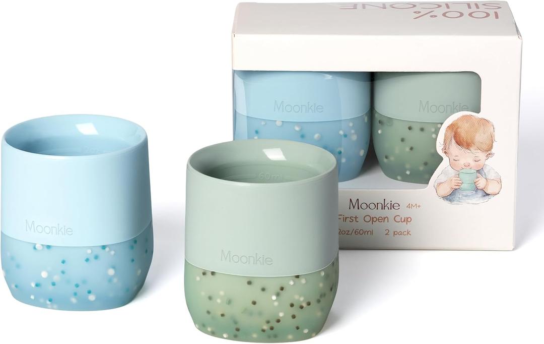 Moonkie Silicone Baby Cups 4 Months+ | Tiny Open Training Cups for Infants with Confetti Sprinkles | Baby-Led Weaning Essential | 2 oz (Ether/Mint, 2 Pack)