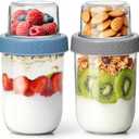 2 Pack Glass Yogurt Parfait Cups with Lids, 16+4oz Reusable Containers with Dry & Wet Separation, Leak-Proof for Overnight Oats, Meal Prep, Portable to Work & School, Easy Clean (Blue+Grey)