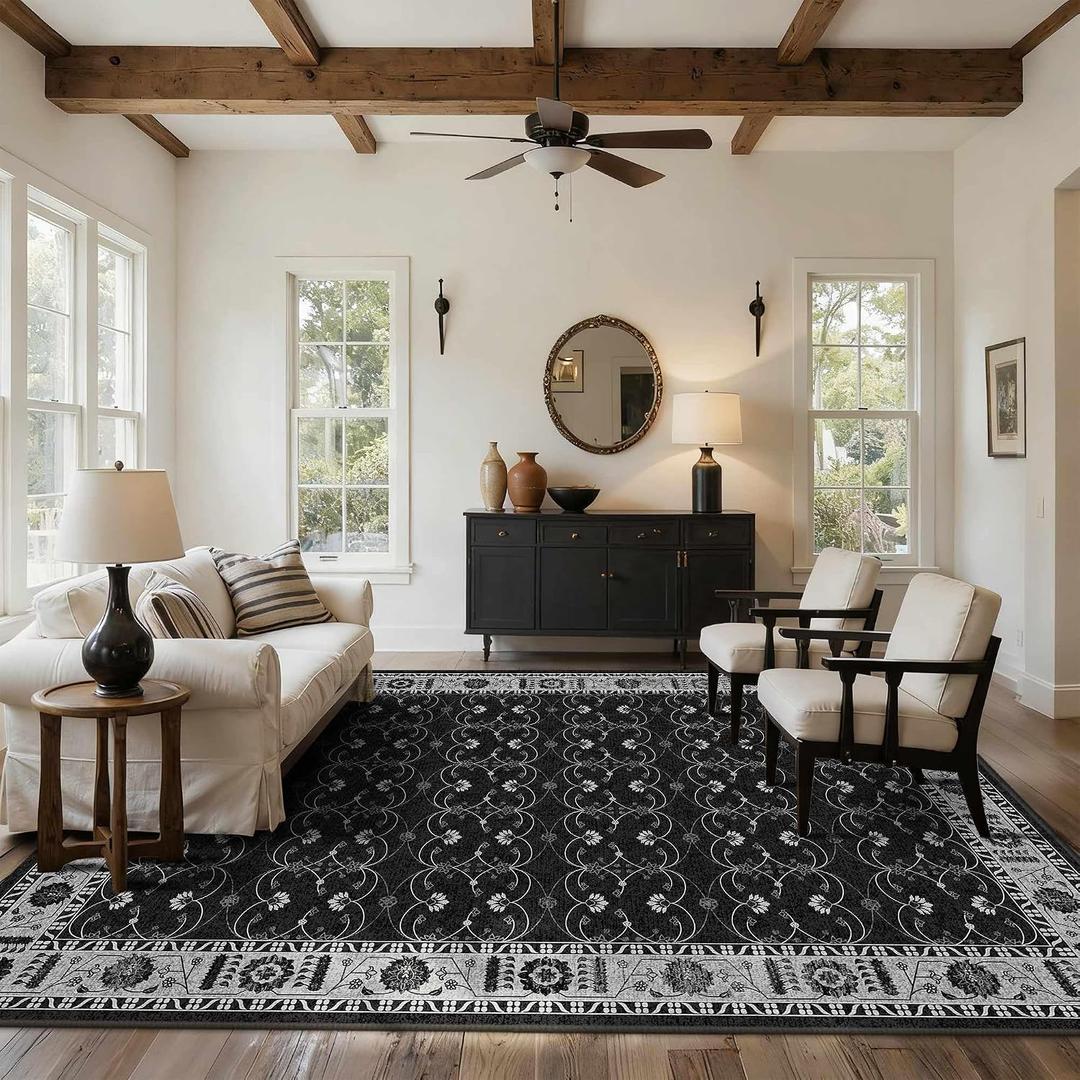 Rugxara 8x10 Washable Area Rug for Living Room, Extra Large Black Vintage Boho Rugs for Office, Kids Room, Farmhouse, Durable Low Pile Non Slip Carpet for High Traffic AreasBlack 8x10