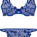 Lilosy Sexy Floral Embroidered Mesh Sheer Underwire Lingerie Set (Medium, Flower Royal Blue)