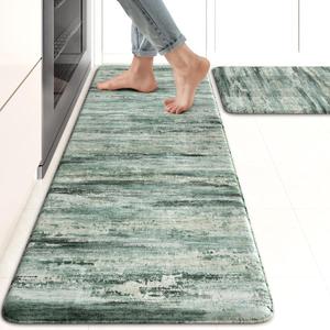 KIMODE Kitchen Mats Cushioned Anti Fatigue, Abstract Kitchen Rugs Sets of 2, Non Slip Kitchen Mats for Floor, Padded Kitchen Floor Mats for Sink Laundry Office Desk Green Multi 17"x47"+17"x29"