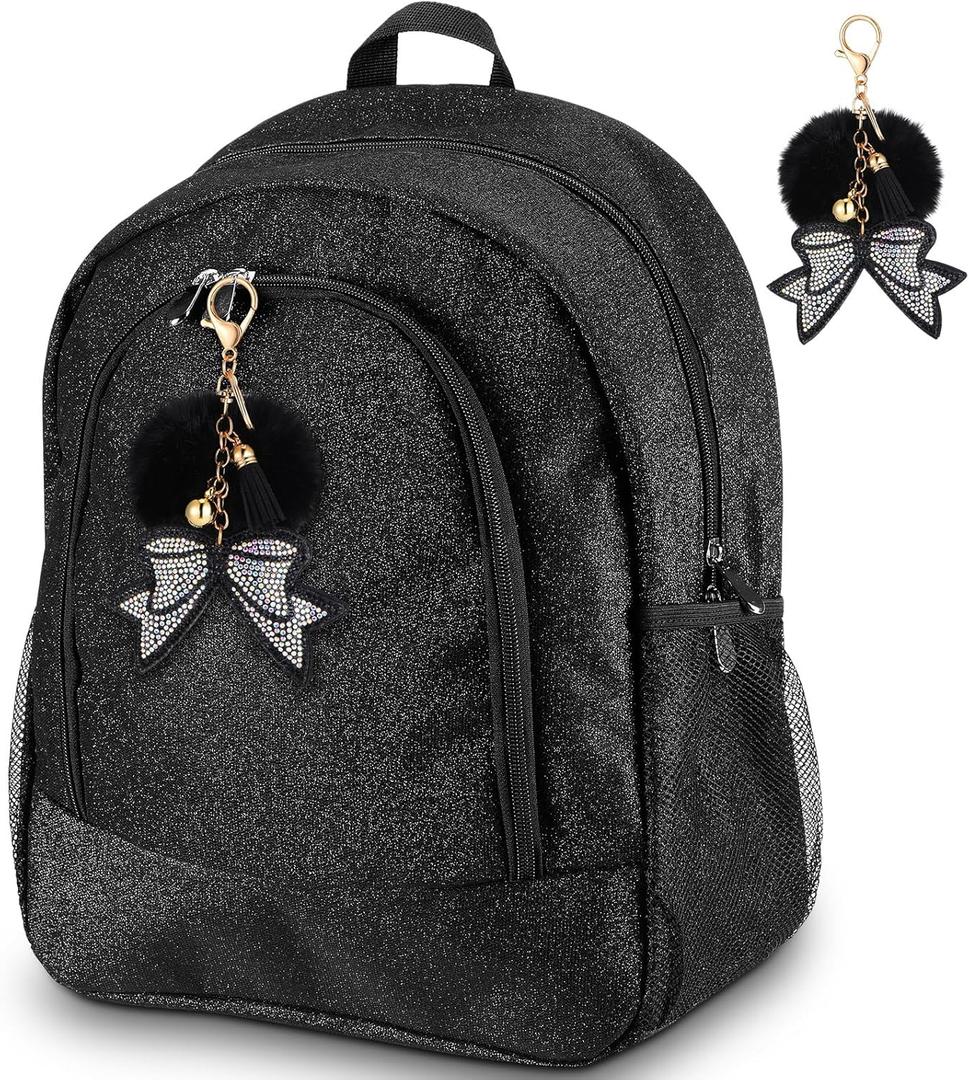 Noveread Large Cheer Backpack with Bow Keychain Cheerleading Glitter Backpack Cheerleaders Gift Cheer Bags for Sport(Black)