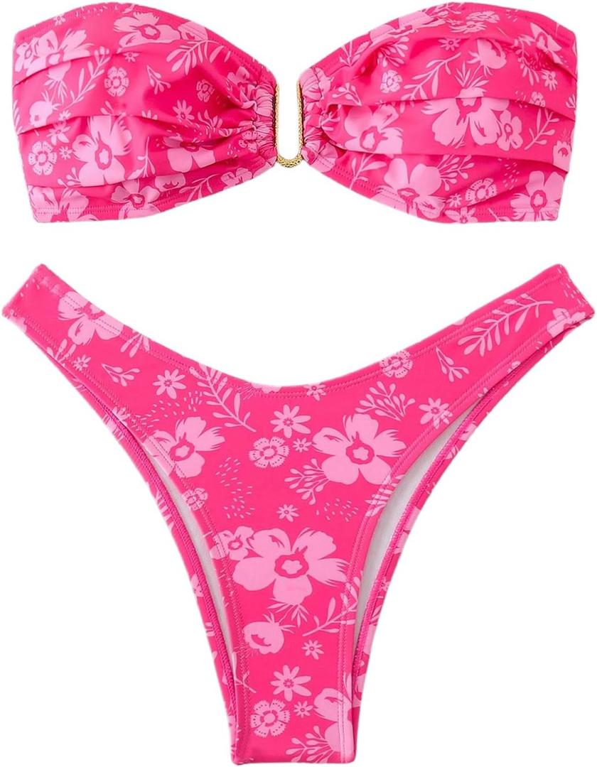 SHENHE Women's 2 Piece Strapless Swimsuit U Wire Floral Tie Back Ruched Bandeau Bikini with Thong Set (Medium, Pink)