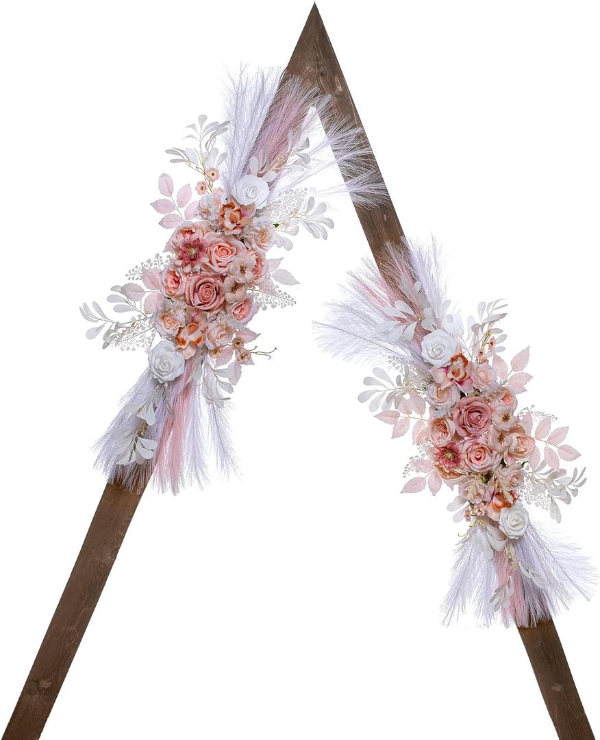 Wedding Arch Flowers, Artificial Flowers for Decoration, Large Flower Swag for Boho Styles Wedding Ceremony Floral Decor - Pack of 2 (Salmon Pink&pampas White)