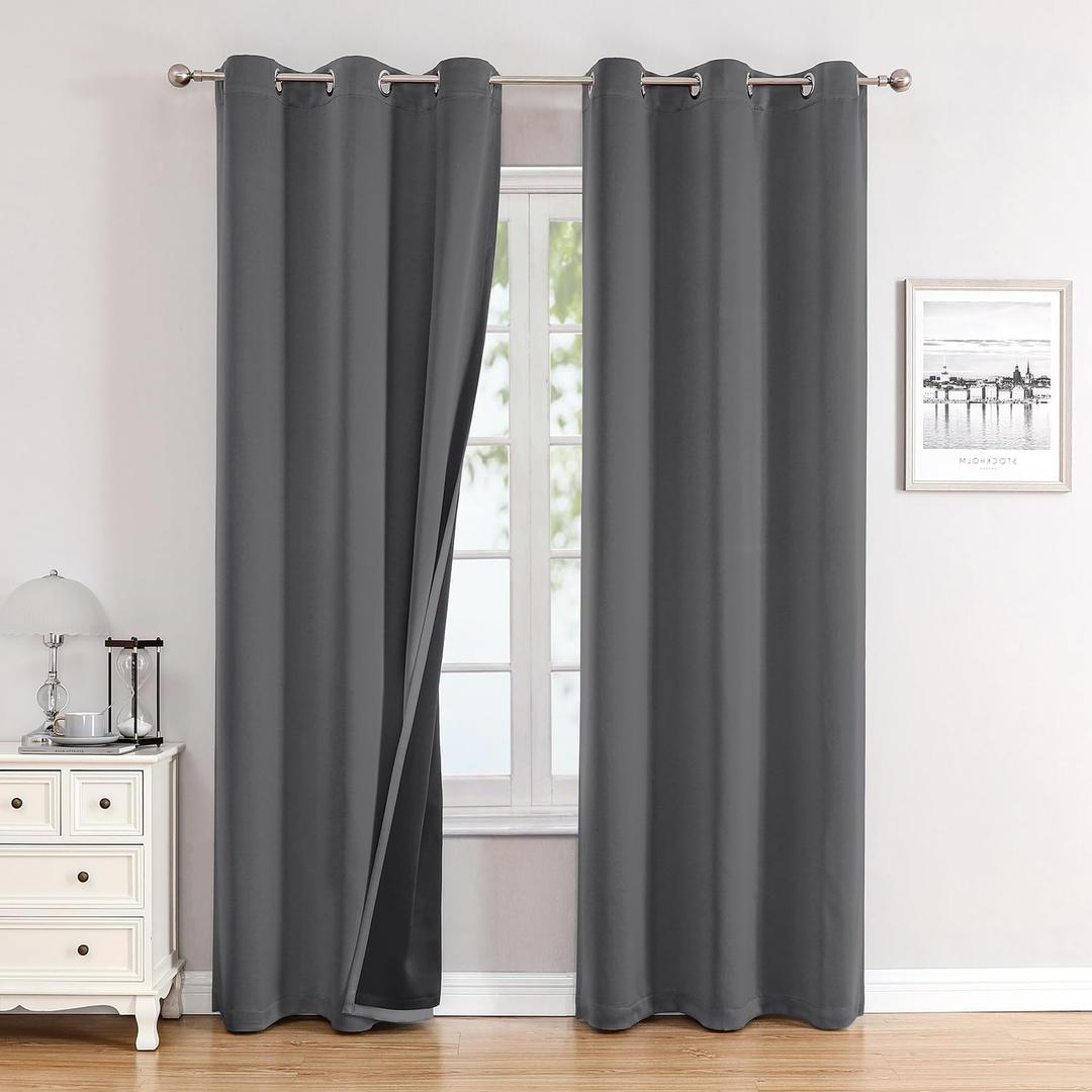ChrisDowa 100% Blackout Curtains 72 inch Long for Bedroom with Black Liner, 2 Thick Layers Total Blackout Thermal Insulated Grommet Window Curtains 2 Panels Set (Grey, 42 x 72 Inch)