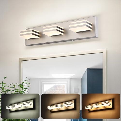 yumcrelect Brushed Nickel Vanity Lights for Bathroom Light Fixtures (3-Light, 20-Inch) Adjust 3 Colors Modern Bath Lighing Fixture Over Mirror LED Vanity Lighting