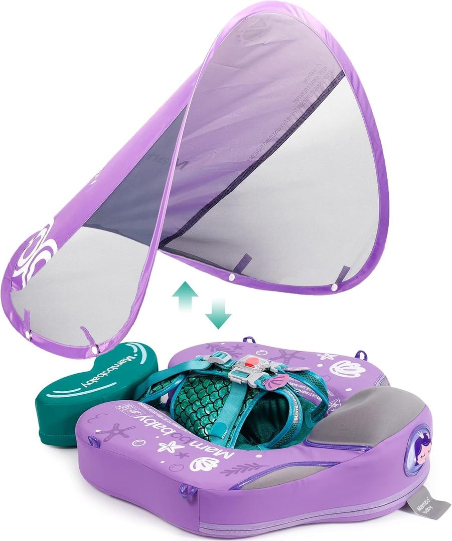 Mambobaby Float Upgrade Add Tail Baby Float with Canopy for Infant Waist Swimming Ring Swim Trainer Non-Inflatable Floats Toys with Adjustable Safety Strap (Purple Mermaid), Medium
