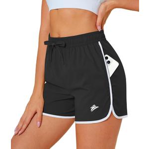 MAGCOMSEN Women's Athletic Shorts with Pockets Quick Dry Lightweight 3.5" Running Gym Workout Shorts Hiking Sport, Medium, Black