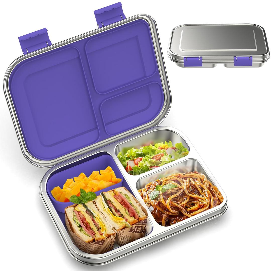 BOSEDSANG Stainless Steel Kids Leak-Resistant Bento Lunch Box, 3-Compartments with Silicone Container, Dishwasher-Safe, Child-Friendly Design for School, Picnics & Travel,BPA-Free(Purple)