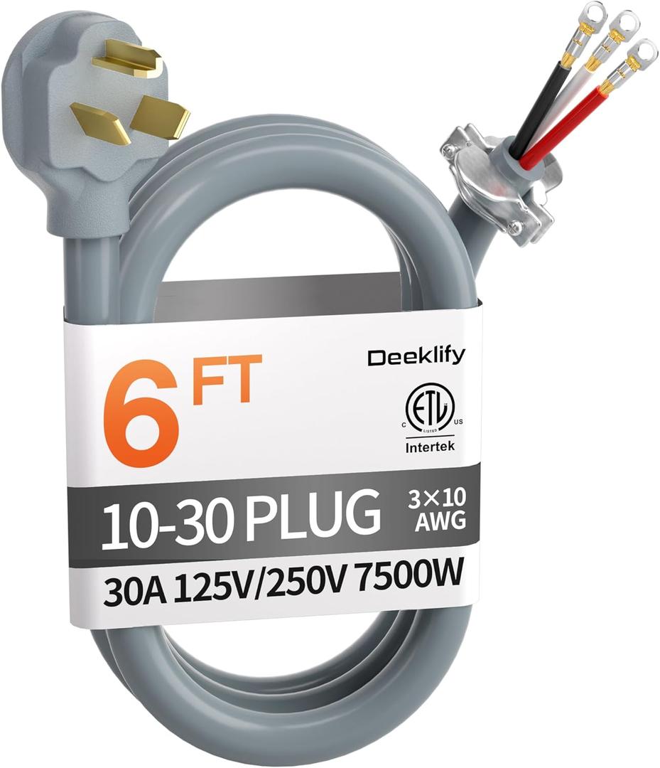 6 ft 3 Prong Dryer Cord, 30Amp 10 Gauge Dryer Power Cord Replacement, Pure Copper 3-Wire Dryer Cord with NEMA 10-30P Plug and O-Ring Terminals, 250V 7500W, ETL Listed, Gray STW