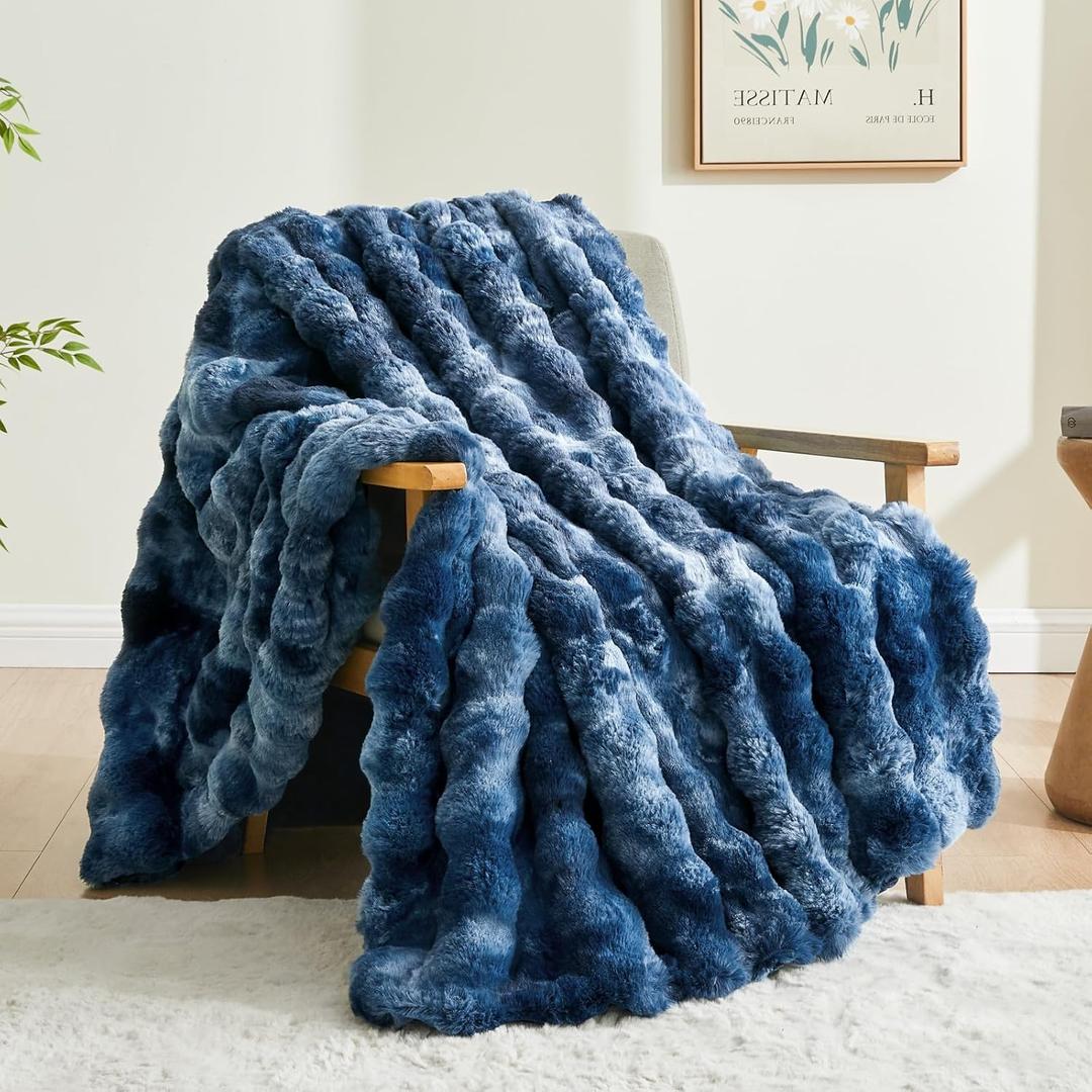 BEDELITE Faux Fur Throw Blanket for Couch, Decorative Tie-Dye Blue Plush Bubble Blanket - Super Soft & Cozy Fluffy Faux Rabbit Fur Blanket for Women Gift, 50x60 Inches