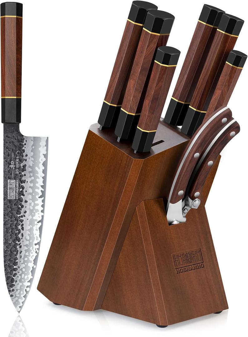 HOSHANHO 8 Pieces Knife Set, Japanese High Carbon Steel Kitchen Knives Set with Block, Hand Forged Ultra Sharp Chef Knife Set with Ergonomic Rosewood Handle
