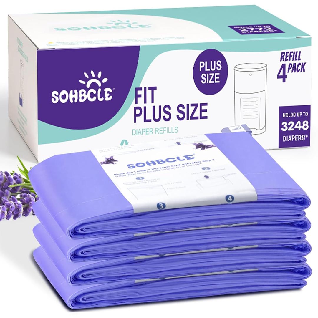 Diaper Pail Refill Bags Compatible with Dekor Plus Diaper Pail Refills 4 Pack Extra 14% Length, Holds up to 3248 Diapers, Extra 30% Thickness Powerful Odor Eliminate Lavender Scent for Baby/Adult