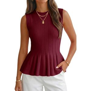 Cicy Bell Womens Pleated Peplum Tank Tops Fitted Blouses Fall Sweaters (Red, M)
