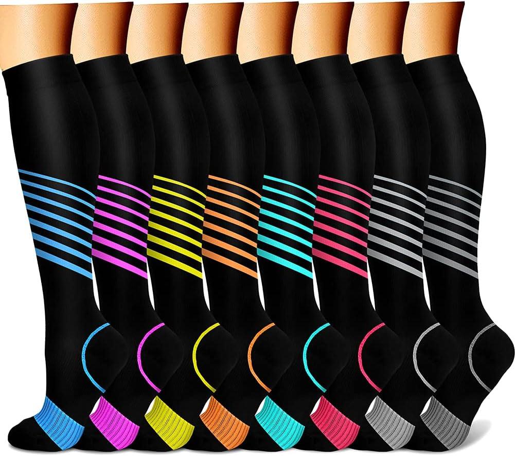 CHARMKING Compression Socks for Women & Men Circulation (8 Pairs) 15-20 mmHg is Best Support for Athletic Running,Hiking (Large-X-Large, 14 Red/Yellow/Blue/White/Blue)
