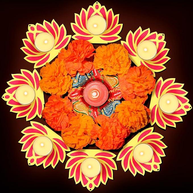 Nuanchu 20 Pcs Diwali Lotus Decoration for Home Wooden Flower Candle Holder with 25 Tea Lights Candles Artificial Lotus Traditional Indian Decor for Diwali Puja Home Decoration Gifts