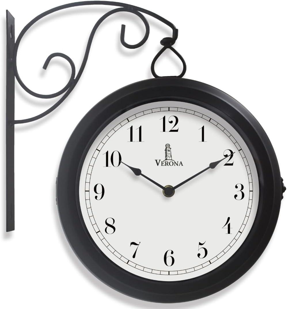 Metal Double Sided Wall Clock 10" - Decorative Indoor Outdoor Double Sided Clock - Easy to Read, Hanging Train Station Style for Patio, Garden, Office & More - Antique Style Outside Corner Wall Decor (Black)