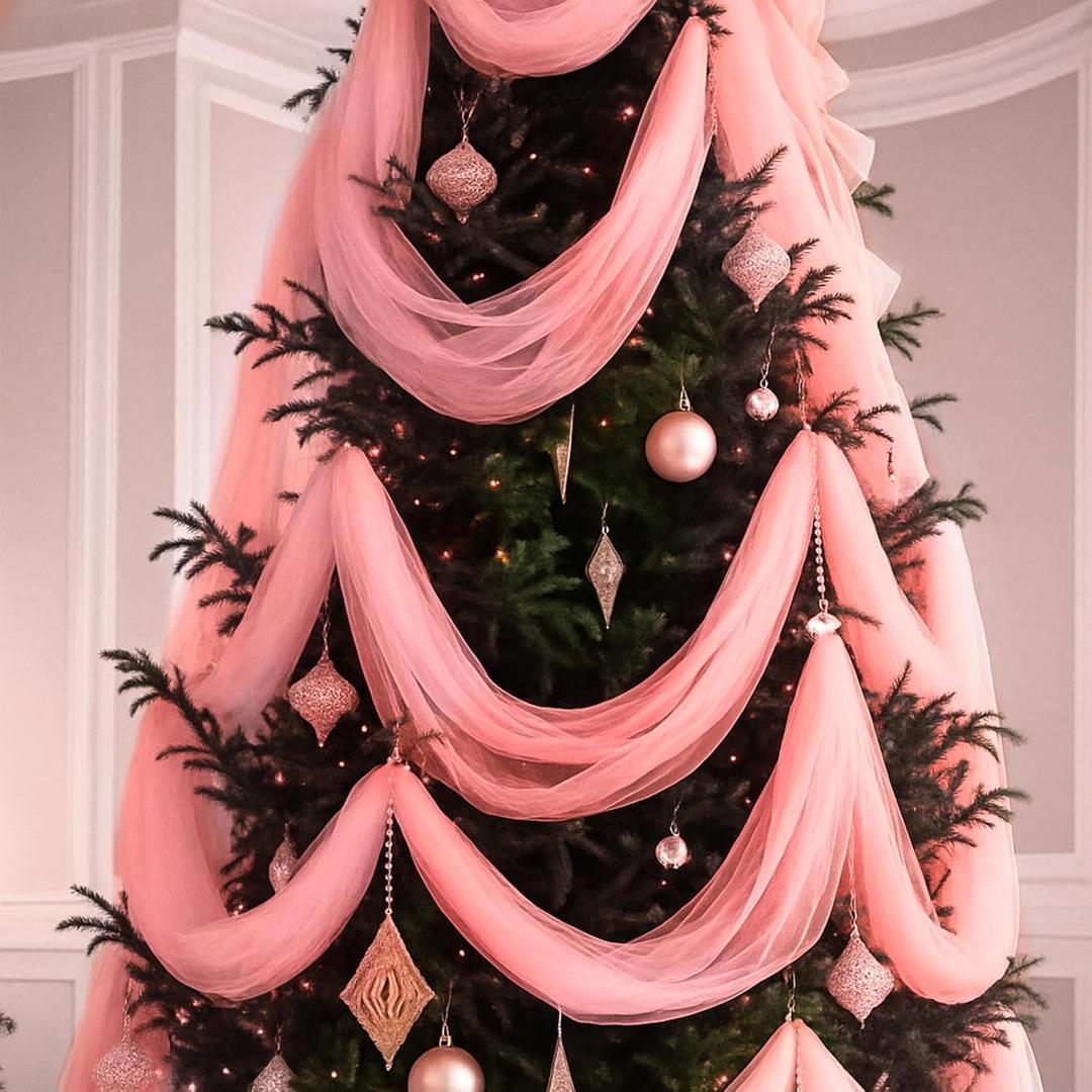 100 ft Pink Christmas Tree Garland Pink Decorative Veil Christmas Garland with Wire Xmas Hanging Decorations for Xmas Tree Holiday Party Decor