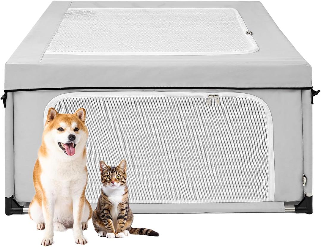 EHEYCIGA 42x42x26 Inches Puppy Playpen with Top Cover for Dogs & Cats Indoor or Outdoor - Dog Playpen with Door, Dog Fence for Small Animal with Heavy-Duty Oxford & Steel Frame, Sliver Grey