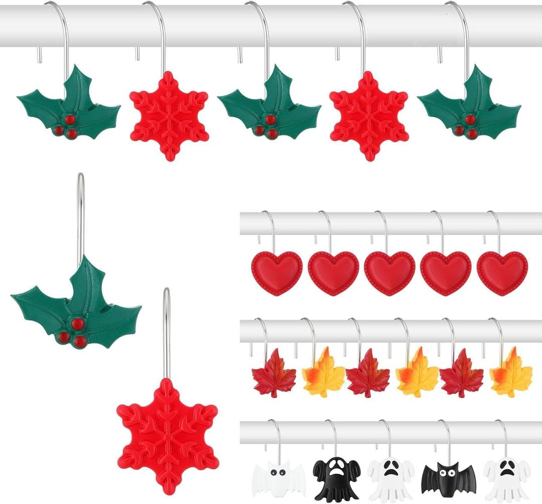 2 x 48 Pcs Seasonal Shower Curtain Hooks Set Valentines Day Bathroom Decor Decorative Shower Curtain Rings for Holiday Christmas Thanksgiving Fall Halloween Accessories, Stainless Steel