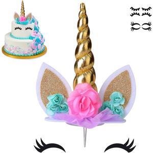Unicorn Cake Topper,Handmade Party Cake Decoration Supplies with Eyelashes and stack,Reuasble Gold Horn for Birthday Party,Baby Shower, Wedding