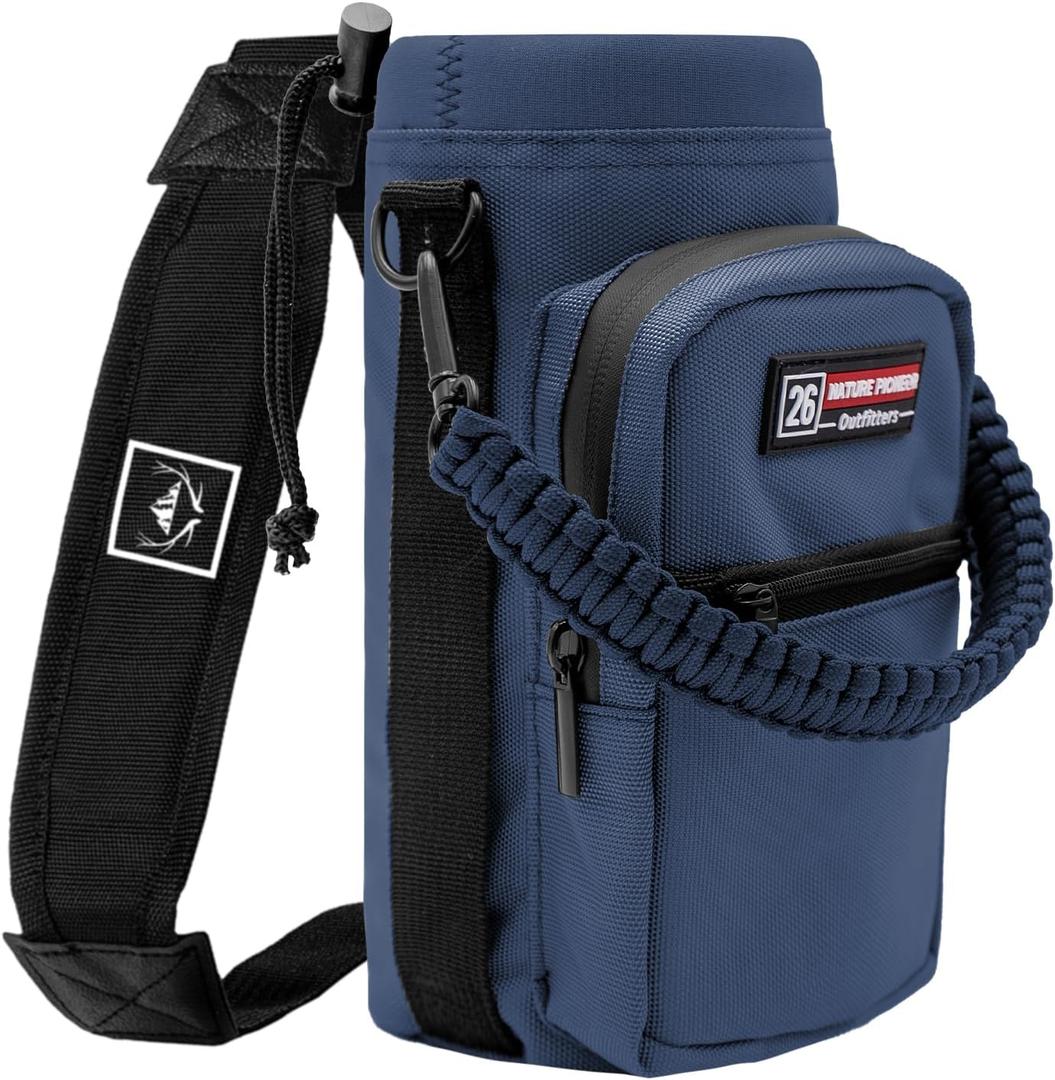 NATURE PIONEOR Water Bottle Carrier with Adjustable Strap - Insulated Sleeve Pouch Water Bottle Holder Bag with Paracord Handle & 2 Storage Pockets for 18/24/25/26/32/36/40/46oz, Hiking, Camping, Gym (Navy)