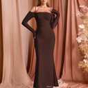 EYNMIN Women's Fall Wedding Guest Dresses Long Sleeve Spaghetti Strap Mesh Ruched Bodycon Maxi Formal Dress (Brown, M)
