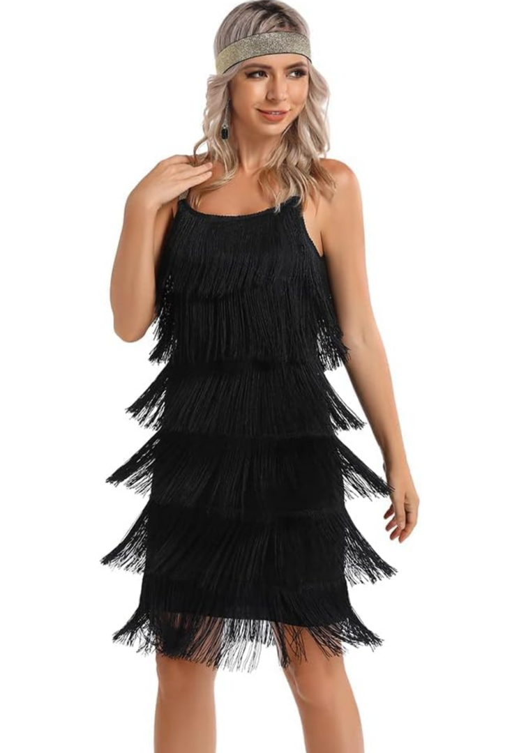 Women's Great Gatsby Flapper Spaghetti Tassel Dress with Headband, 20s Elegant Mini Dress Party Accessory COSTUME OUTFIT (XXL, Black)