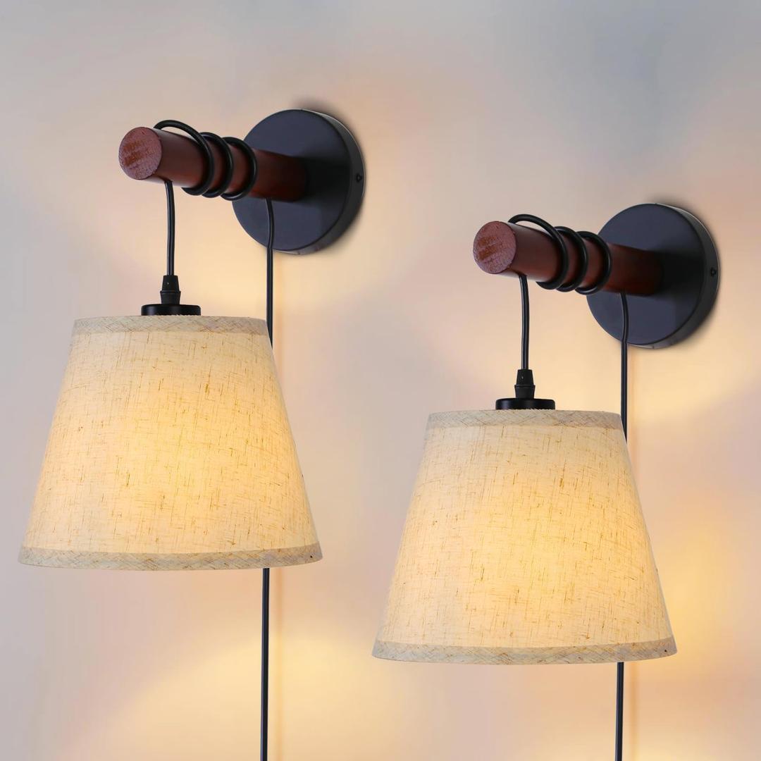 Wall Sconces Set of Two, Plug in Wall Sconce Lighting with Wooden Arm, Fabric Shade Bedside Wall Light with On/Off Switch for Bedroom, Living Room, Farmhouse (2 PACK)