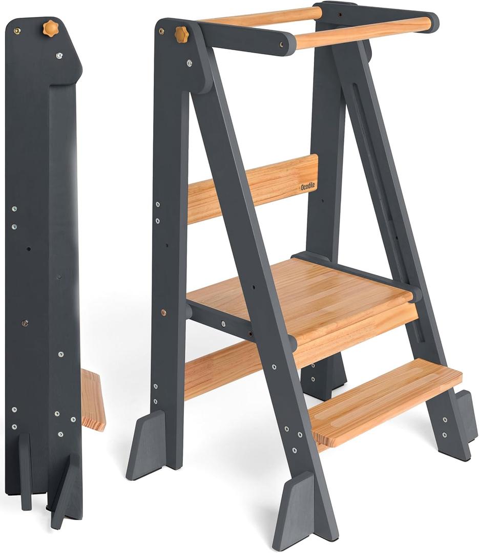 OCODILE Adjustable Foldable Toddler Tower  Folding Tower for Kids | Montessori Toddler Kitchen Step Stool Helper for Independence - Gray