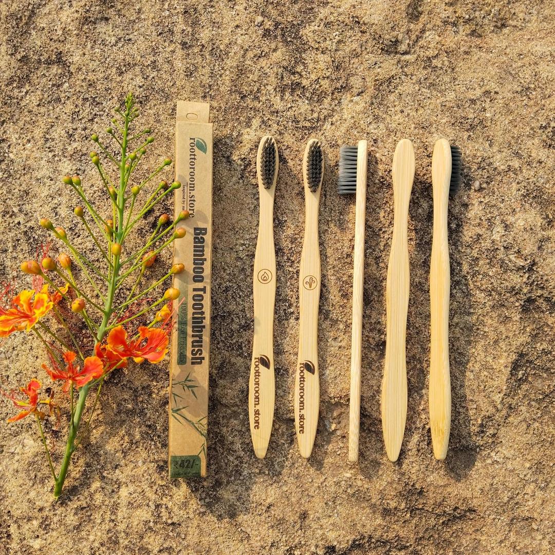 Bamboo Toothbrush Pack of 5 with Charcoal Soft Bristles & Symbol Marks | Wooden Toothbrush Set for Daily Oral Care | Eco-Friendly Brushes for Teeth Cleaning, Gum & Fresh Breath