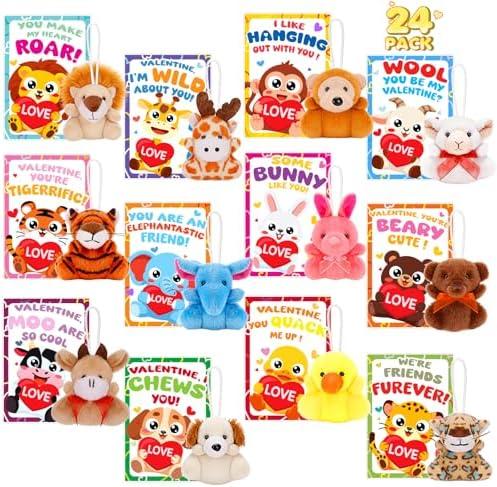 Valentines Day Cards for Kids School, 24 Packs Valentines Cards with Stuffed Animal Toys, Perfect Plush Animal Key Chains for Valentine Day Party Favors, Ideal Exchange Cards for Boys Girls Classroom